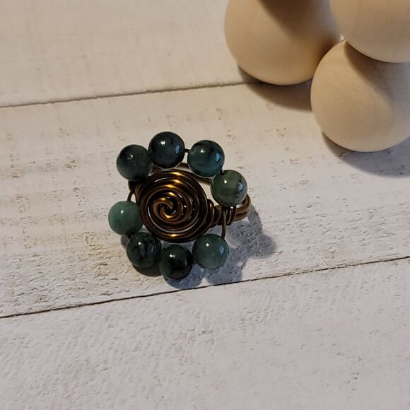 Handmade Copper Wire Wrapped Ring with Green Stone Beads Boho Adjustable - Picture 2 of 4